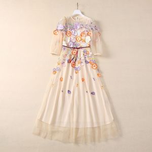 Summer Apricot 3D Floral Embroidery Dress 3/4 Sleeve Round Neck Belted Long Maxi Casual Dresses S4A250418