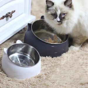 Cat Dog Bowl 15 grader Upphöjd rostfritt stål Non Slip Puppy Base Cat Food Drinking Water Feeder Tilt Neck Pet Bowl 240429