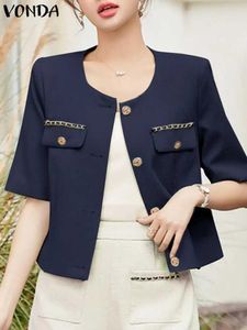 여자 정장 블레이저 Vonda 2024 패션 여성 재킷 짧은 슬리브 튜닝 탑 우아한 사무실 셔츠 단색 버튼 캐주얼 느슨한 코트 추가 Largel2405