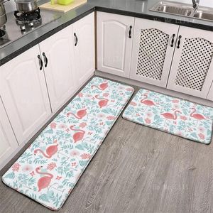 Mattor Fashion Flanell Kitchen Rugs Set Washable Trötthet Cyned Doormat Pink Floral Flamingo Fresh Leaves Non Slip Carpet