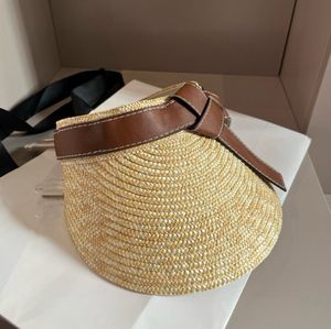 Letter embrossing PU leather straps Hat Visors for big boys girls grass braid empty top sun Hat teenagers wide Brim outdoor Breathable beach caps Z8002