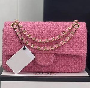 10a de espelho de camada superior qualidade 19 sacos de aba bolsa rosa lã padrão de tweed saco de ombro crossbody designer de luxo bolsa feminina bolsa de ouro bolsa vermelha com caixa 2024