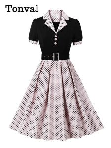 Klänningar tonval svart och polka dot vintage veckade klänningar skadra krage 2024 eleganta sommar kvinnor kort ärm bälte 50 -tal retro klänning