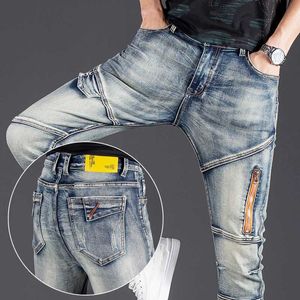 Men's Jeans Denim Jeans Mens Fashion Brand Slim Brand Design Motorcycle Style Personalized Zipper Craft Retro Pattern Long Pants Y240507