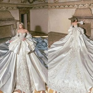 Sbalorditivo 2024 abiti da sposa arabo di lusso abiti da sposa in pizzo vestido de noviva perle a maniche lunghe di raso