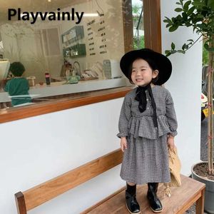 Kız Elbiseleri Kore tarzı Sonbahar ve Bahar Çocuklar Elbise Uzun Kollu Yuvarlak Yuvarlak Siyah Houndstooth Orta Kalf Prenses H240507