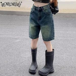 Women's Shorts RORORIRI 90s Retro Knee-long Denim Women Cleanfit High Rise Whiskers Straight Wide Leg Casual Pants Summer Y2k Streetwear