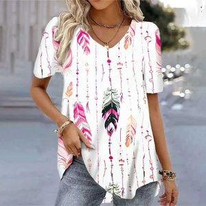 여자 티셔츠 트렌디 한 깃털 3D 프린트 티셔츠 여름 V- 넥 상단 짧은 슬레스 패션 느슨한 티 셔츠 숙녀 뜨거운 판매 의류 S-5XL D240507