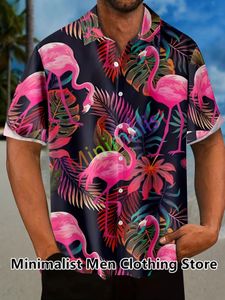 2023男性用のリーフとフラミンゴプリントシャツハワイアンカジュアルビーチ半袖ファッション