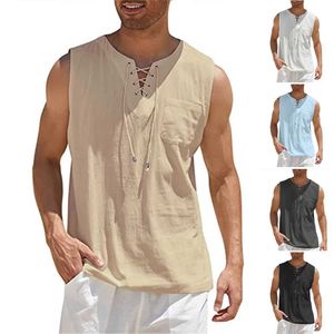 Polos da uomo Summer Linen Shirt Mens Maglietta traspirante a V-Sleeveless Maglietta in lino in cotone sciolto Maglietta leggera a maniche corta spazzolata leggera 2405