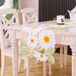 Leninens Bordado à mão Daisy White Daisy Mesa de flores Runner linho de linho de casamento Mesa de jantar Runner Runner Placemat Home Kitchen Table Decor