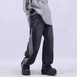 s 2023 Y2K Streetwear Washed Black Striped Baggy Jeans Pants For Men Clothes Side Zipper Straight Loose Hip Hop Old Denim Trousers J240507