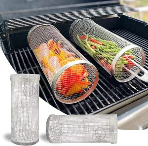 Accessories Rolling Grilling BBQ Basket Stainless Steel Wire Mesh Cylinder Grill Basket Portable Outdoor Camping Barbecue Rack Tools