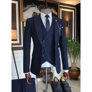 Men's Suits Blazers Luxury jacket mens navy blue single chest shawl with flip collar ultra-thin fitting business casual wedding pants vest three piece set Q240507