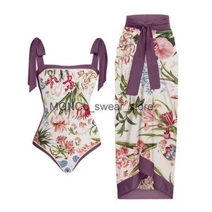 Kvinnors badkläder Retro One Piece Swimsuit Floral Print Colorblock and Kirt Holiday Beach Dress Sexig Designer Baddräkter för kvinnor H240507