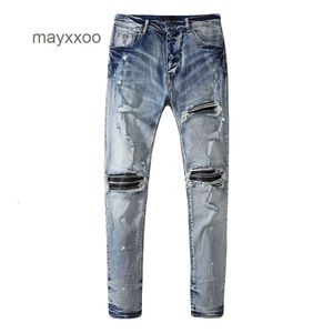 Fit 2024 Washed Herr Fashion Jean Amiirii Demin Holes Purple Pants Worna Slim Jeans Casual Mångsidigt mode med mens mgy5