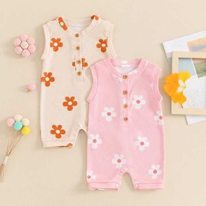 Rompers Baby Girls Jumpsuits för nyfödda ärmlösa blommuttryck knappar Bodysuit Summer Outfits kläder H240507