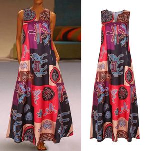 Februarifrost 2020 Kvinnor Vintage Bohemian Ethnic Print V Neck Runway Dress Casual ärmlös Maxi Dress Streetwear Plus Size5014375
