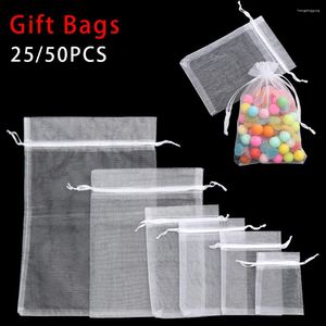 Gift Wrap 25/50Pcs White Drawstring Pocket Drawable Candy Pouches Organza Gauze Sachet Bags Jewelry Packing Christmas Party Supply