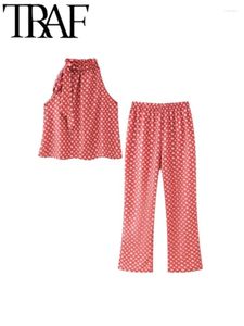 Kvinnors tvåbitar byxor röda tryckta kvinnor tankar breda kostymer 2024 Sommar ärmlös snörning Halter Löst skörd topp kvinnlig 2 uppsättningar y2k