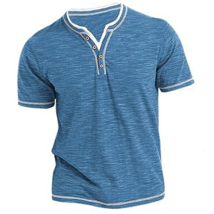 Camiseta masculina Henley Camiseta redonda Camiseta verão Confortável algodão moda de algodão curta Rua casual desgaste Top Basic 240506