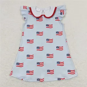 Kleidung Sets Sommer amerikanische Flagge weiße Puppenkragen Blau fliegender Ärmeln Kleid Strampler Großhandel Boutique Kinder 4. Juli Kinderkleidung