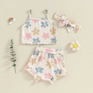 Conjuntos de roupas 0-24 meses de roupas de menina de menina curta Cami Tops+ Flores shorts com fita para a cabeça Criança de verão 3pcs Roupa H240507