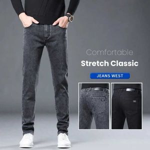 Men's Jeans Spring Summer Mens Soft Stretch Denim Jeans Regular Classic Fashion Black Gray Slim Trousers Male Little Ft Denim Trousers Y240507