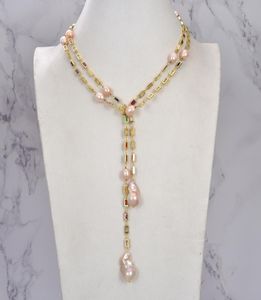 Guaiguai Jewelry Cultured Pink Keshi Pearl Lieked Color Rectangle Cz Pave Long Chain Ожерелье ручной работы для женщин настоящие драгоценные камни Стоун LA2102105