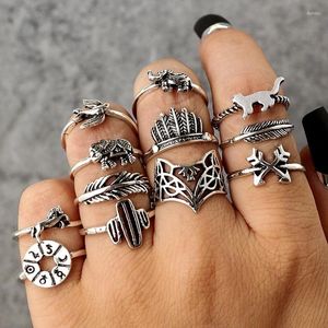 Anelli a grappolo 12 pezzi/set Women Bohemia Fashion Vintage Lega Vinta Elefante Frutta Cacti Articolazione per regalo di gioielli