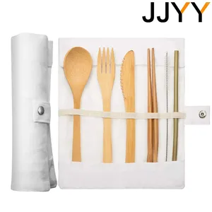 Set di stoviglie jjyy in bambù da viaggio da viaggio set forchetta cucchiaio per coltello a cuccioli di carreggiati con paglia portatile con un utensile in legno di carabinatore