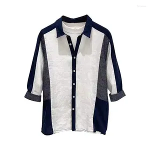 Camicie casual maschile patchwork in cotone lino di cotone per uomo manica a turno girare top sciolte estate camicia vintage streetwear