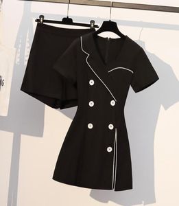 Плюс размер женщин черный пиджак с двумя частями, корейский короткий рукав V Midi Midi и устанавливает офисные дамы твердые vestidos women0399949166