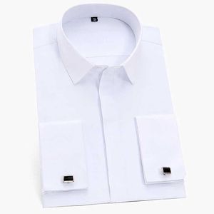 Men's Dress Shirts Mens Classic Hidden Buttons French Cuffs Solid Dress Shirt Formal Business Standard-fit Long Sle Shirts (Cufflink Included) d240507