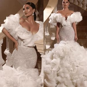 Wspaniałe cekiny sukienki ślubne syreny z ramion ślubnych wielopoziomowych pociągu Made Bride sukienka vestidos de novia