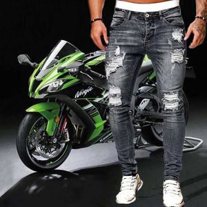 Jeans maschile maschile strappato jeans skinny blu slim fot a matita pantaloni per motociclisti casual strtwear 2022 abbigliamento da uomo in denim di alta qualità y240507