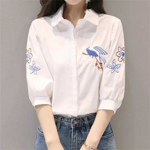 Women's Blouses Shirts Embroidery Flower Bird Shirt Women Three Quarter Sle Elegant White Shirts Turn-Down Collar Blouse Top d240507