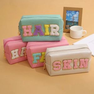 Cases Patch Makeup Bag Chenille Letter Cosmetic Pouch Travel Organizer For Women Teen Girls Cute Aesthetic Trendy Clutch Stuff Gifts