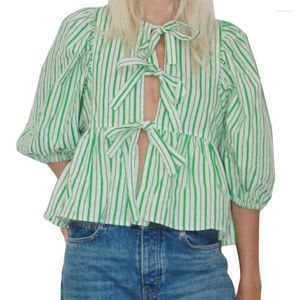 Camicette da donna chic camicie babydoll a strisce a strisce mezza manica rotonda blusa arricciata per le cime per le cime