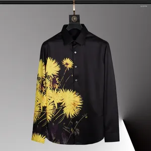 Men's Casual Shirts Long Sleeved Non Ironing Shirt With Positioning Printing Yellow Chrysanthemum Trendy Floral Oversized