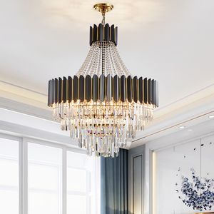 Stor svart ljuskrona, gåva LED -glödlampa, höjdjusterbar, kristallkronor för hotellvilla lobby spiral trappa