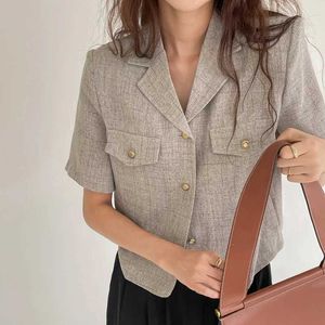 Damskie garnitury Blazers Womens Summer Retro krótka tweedowa kurtka z pół rękawów i pojedynczą klatką piersiową modną top Korean Stylel2405