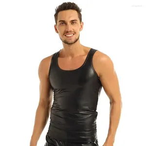 Tanque de tanques masculinos de couro falso de couro pu do pescoço redondo sexy colete fosco bodycon top ginistsacoats de verão clubwear personalizado roupas íntimas