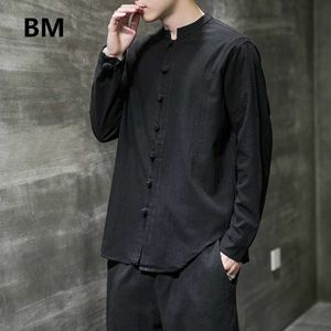 Men's Polos 2020 linen shirt mens Chinese style long sleeved retro button up shirt solid standing collar loose oversized topL2405