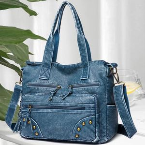 DrawString Fashion Bag for Women Vintage Denim Soft Pu Leather Handväskor stor kapacitet Tote många fickor Messenger Sac