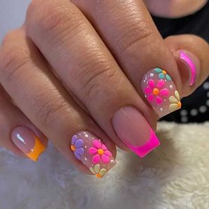 False Nails 24st Simple Square False Nails Short French Nails Press On Colorful Flowers Design Full Cover Nail Tips Manicure Tools T240507