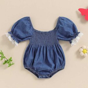 Rompers Baby Clothing Girls Summer Solid Denim Blue Short Puff Sleeve Lace Trim Square Neck Tops for Months H240507