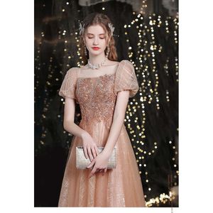 Sequins Rose Gold Mermaid Prom Dresses Princess Cap Sleeve Puff Bateau Neck Beaded Tulle Lace Appliques Party Gowns Plus Size Custom Made 0431
