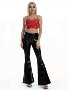 Frauenhose Capris Damen glänzende Patentlederkörperbörse Flare Hosen Frauen Hochtülen elastische Gürtel PU Glockenboden Hose Mode neue heiße Anpassung Y240504