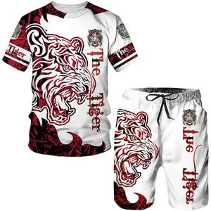 メンズトラックスーツThe Tiger 3D Print Tシャツ服の夏の男性ショートSlve Tシャツスーツ2ピースファッションStrtwearスポーツ特大ビーチセット